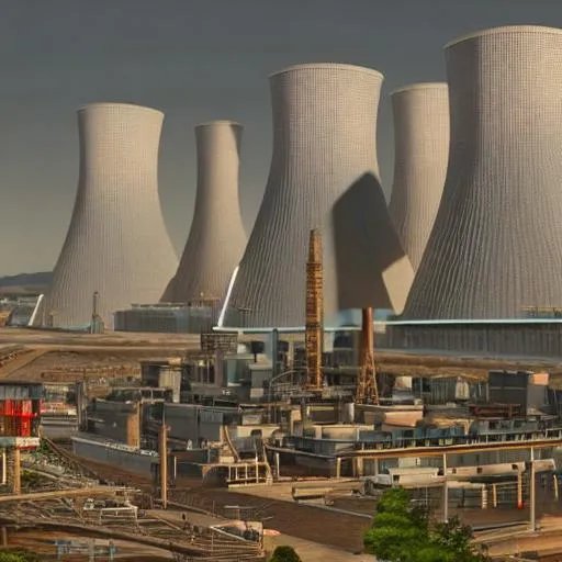 Prompt: A nuclear power station in a city, two people sitting on chairs holding hands crying, 3d, 4k, intricate detail, mountains, hyperrealistic, 