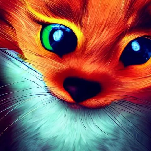 Prompt: Orange, red maned anime cute dragon with green eyes and red pupil with wings, horns in the shape of a V, feathery whiskers and a furry tail. Realistic kitty