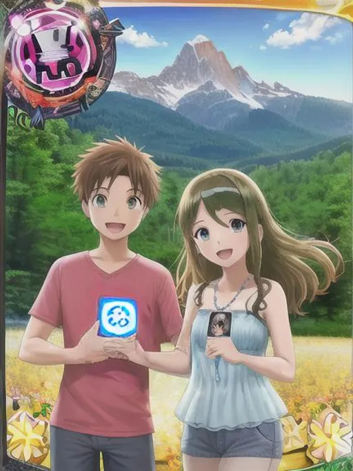 Prompt: Happy boy and girl holding a small card, centered, mountain background, 3d render, highly detailed, by Ken Sugimori