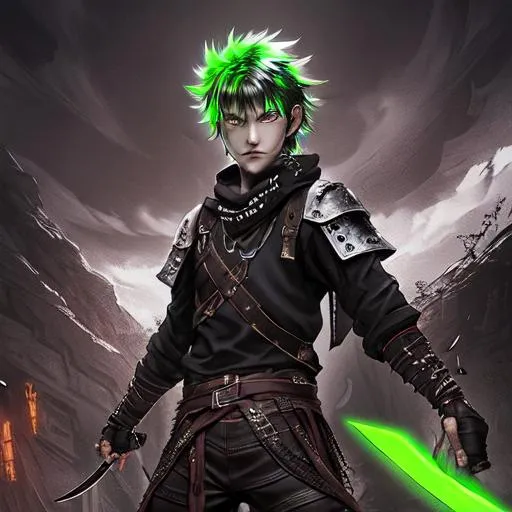 Prompt: digital art, sinister viking boy, 18-year-old, chaotic evil, black short messy hair, no facial hair, neon green bandana, dark brown, dark brown long-sleeve shirt, pants, leather armor, two daggers, dozen throwing knives