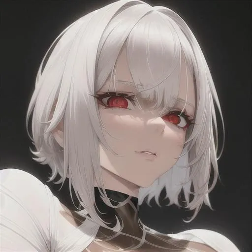 Prompt: "A close-up photo of a gorgeous brown skined, short pure white haired woman with predator like red eyes, in hyperrealistic detail, with a slight hint of loneliness in her eyes. Brown skin. Her face is the center of attention, with a sense of allure and mystery that draws the viewer in, but her eyes are also slightly downcast, as if a sense of loneliness is lingering in her thoughts. The detailing of her face is stunning, with every pore, freckle, and line rendered in vivid detail, but the image also captures the subtle emotions of loneliness that might lie beneath her surface"