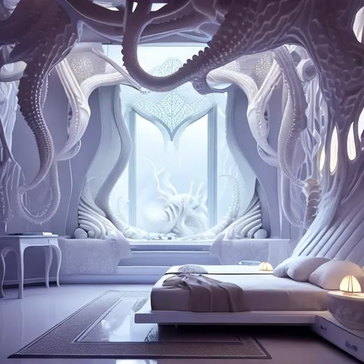 Prompt: a bed sitting inside of a bedroom next to a window, intricate futuristic led jewelry, autodesk, islamic interior design, white carved abstract sculpture, evokes delight, sleek flowing shapes, futuristic buildings, white octopus, dramatic lighting!