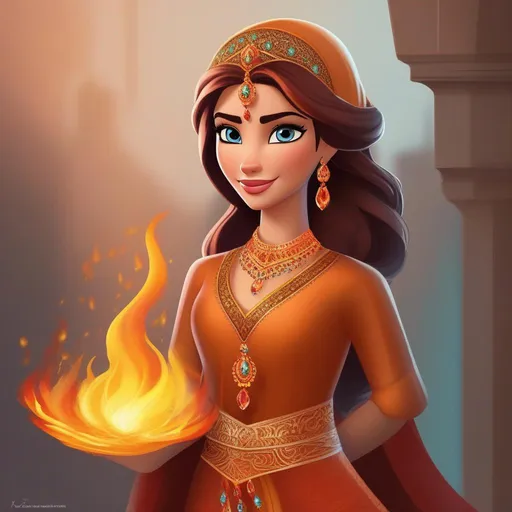 Prompt: elsa's arabian cousin with fire powers, change the color scheme to fit the fire, change her hair and style of clothing.