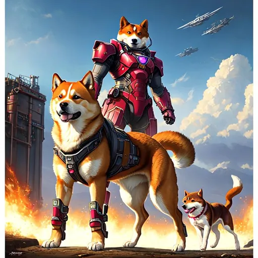 Prompt: Poster art, high-quality high-detail highly-detailed breathtaking hero ((by Aleksi Briclot and Stanley Artgerm Lau)) - ((dog )), full Shiba Inu dog standing up, dog mech suit, mech armour for a dog, dog face, Shiba Inu dog ,  rider has magenta suit, UHD, 64k, full form, dog helmet, detailed carbon fibre, black, baby blue, magenta rider, and ultra white mech suit, 8k mech helmet, detailed glowing chest emblem, detailed mech futuristic full body, highly detailed dog fur, with mech armor, add some blue, leash, urban setting ,carbon fibre helmet, magenta mech armor, blue eyes , detailed skin, detailed mech armour, full body, futuristic mech armor, wearing mech armour suit, 8k,  full form, detailed forest wilderness setting, full form, epic, 8k HD, ice, fire, luminescence , sharp focus, ultra realistic clarity. Hyper realistic, Detailed face, portrait, realistic, close to perfection, more black in the armour, full body, high quality cell shaded illustration, ((full body)), dynamic pose, perfect anatomy, centered, freedom, soul, blonde long hair, approach to perfection, cell shading, 8k , cinematic dramatic atmosphere, watercolor painting, global illumination, detailed and intricate environment, artstation, concept art, fluid and sharp focus, volumetric lighting, cinematic lighting, 
