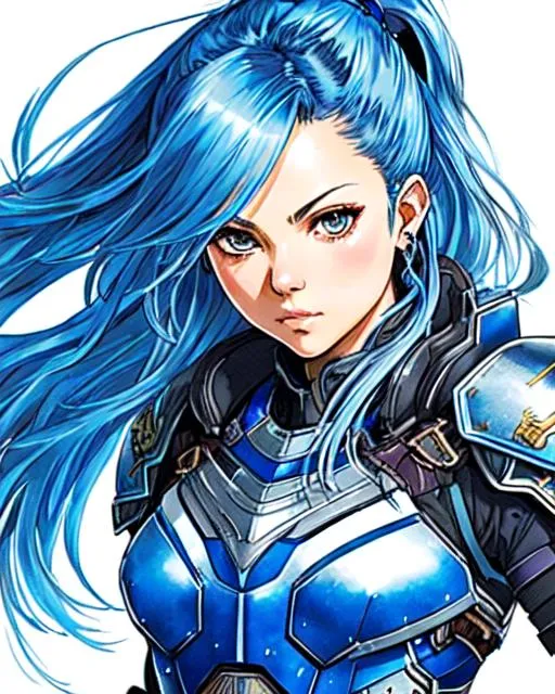 Prompt: (((Yoji Shinkawa))), sticker of ultra detailed portrait of mila kunis in heavy blue armor showing midrift, blue hair, high quality cell shaded illustration in high fantasy style by Yoji Shinkawa,(((dynamic pose))), ((full body)),  perfect anatomy, centered, freedom, soul, blond very long hair, approach to perfection, cell shading, 4k , cinematic dramatic atmosphere, watercolor painting, global illumination, detailed and intricate environment, artstation, concept art, fluid and sharp focus, volumetric lighting, cinematic lighting, Art by Yoji Shinkawa,
