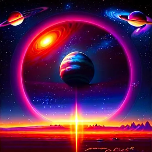 Prompt: Please produce a fantasy space artwork Fantastic planetscape looking down on a tundra. Space ships flying in the sky, a red gas giant planet, and stars in the background on the horizon with vibrant colors and effects. very pretty painting. 