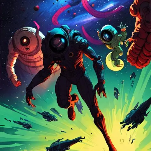 Prompt: random space horror scene with multiple characters and a illustrated story
Fluid linework, black ultra fine comic linework, flat colour, flat shading, dynamic poses, Intricate detailing, visual story telling, perspective mastery, compositional mastery, expressive characters, dark and vibrant colours, 