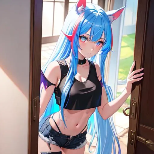 Prompt: Haley as a demon horse hybrid (multi-color hair) (multi-color eyes)(she has horse ears) (demon tail), (demon wings), leaning against the doorframe, wearing a crop top, and shorts
