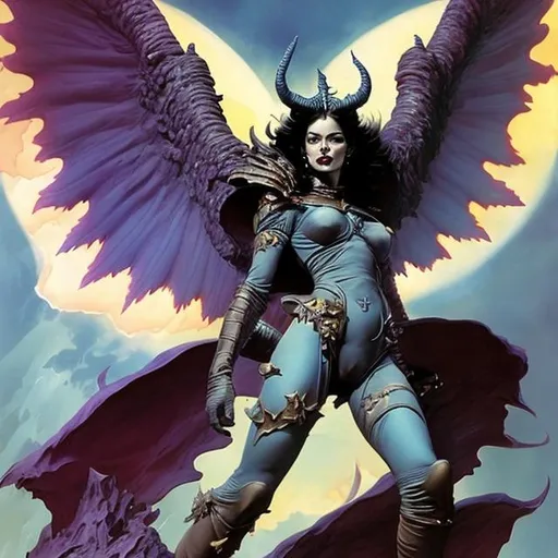 Prompt: space demoness with wings, color, gauntlets and boots, pretty face, dark hair, Dariusz Zawadzki, frank frazetta, boris vallejo