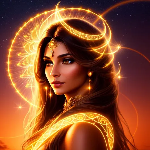 Prompt: A beautiful woman, large nose, intricate long flowing hair, filigree halo, dark tan skin, ethereal, phoenix, luminous, fireflies, night sky, glowing, trails of light, 3D lighting, celestial, some sparkle, soft light, sunset, fantasy