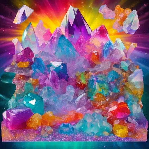 Prompt: Crystal collection diorama in the style of Lisa frank