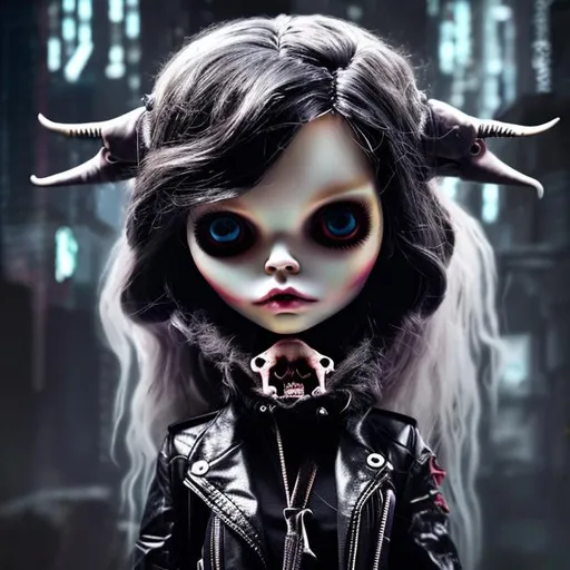Prompt: Blythe doll with a goat skull on her head, with a dark cyberpunk background. Hyperrealistic image.