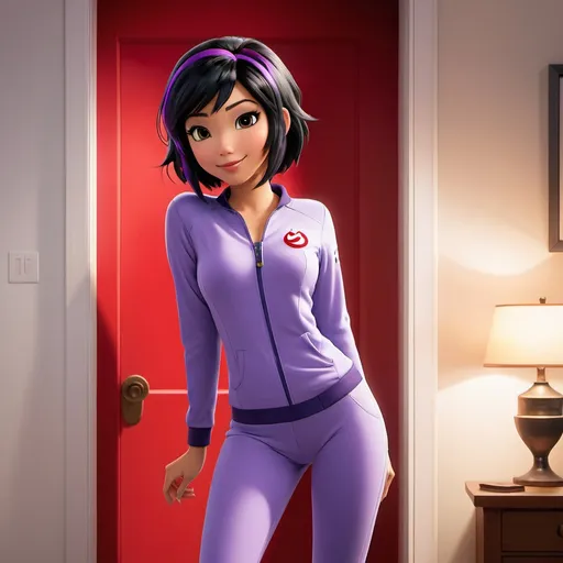 Prompt: Full slim body of GoGo Tomago from big hero 6, in pajamas, standing in bedroom doorway, leaning casually, shy smile