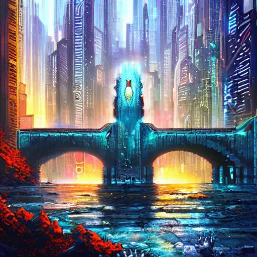 Prompt: cyberpunk emperor on throne citadel on bridge waterfall glossy hd portrait landscape oil painting Dan Mumford