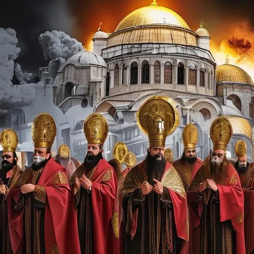 Prompt: Greek Orthodox Priests taking back Constantinople in 2023 in a war against Turkey. 