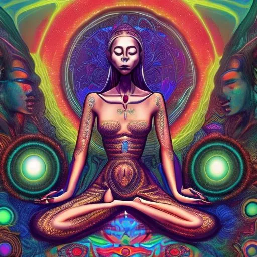 Prompt: meditating beautiful ssymmetric girl receiving energy streams from multiple alien entities, psychedelic art