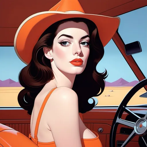 Prompt: "Create a patrick nagel depiction of an actress resembling Anne Hathaway styled as Daisy Duke from the Dukes of Hazzard.