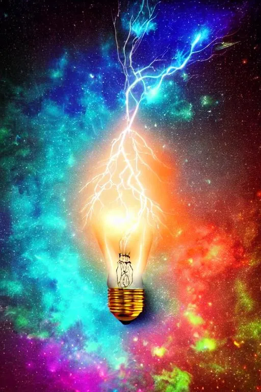 Prompt: holy lightning, strikes a lightbulb, rotating galaxy inside, fantasy, vivid colours, splash art, Black light 