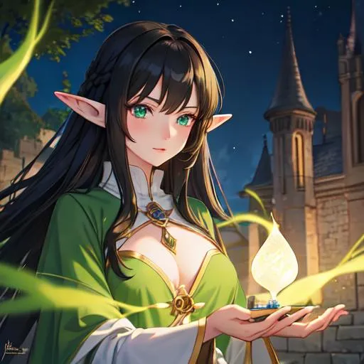 Prompt: Medieval, elf anime girl, black hair, green eyes, near a castle, at night.