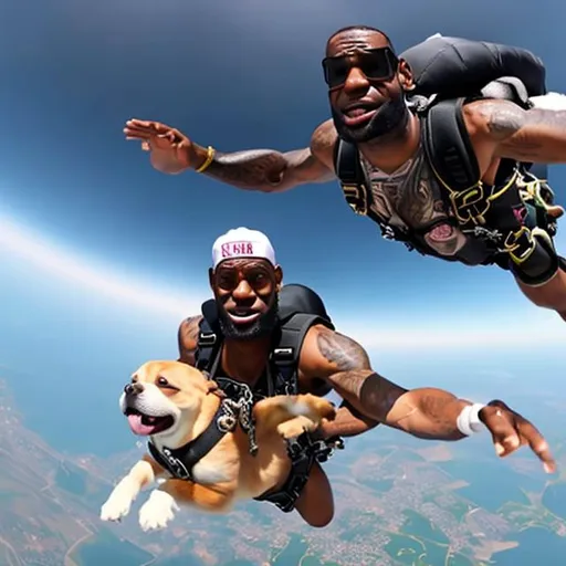 Prompt: lebron james skydiving with a dog