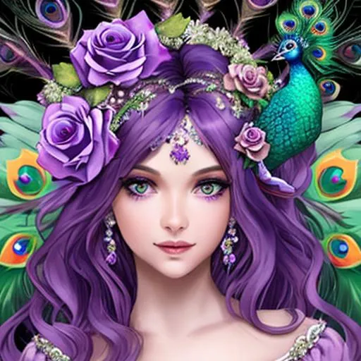 Peacock Fairy Goddess, Purple Roses, Facial Closeup 