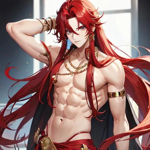 Prompt: Zerif 1male (Red long side-swept hair covering his right eye) shirtless