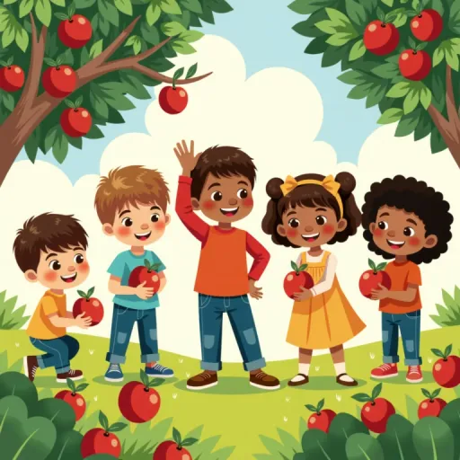 Prompt: A book illustration of 5 children of different  skin colors having fun picking apples
