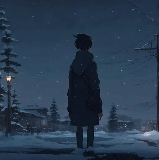 Prompt: sad alone, makoto shinkai, snowy, boy sees his girl off and already misses her, loneliness