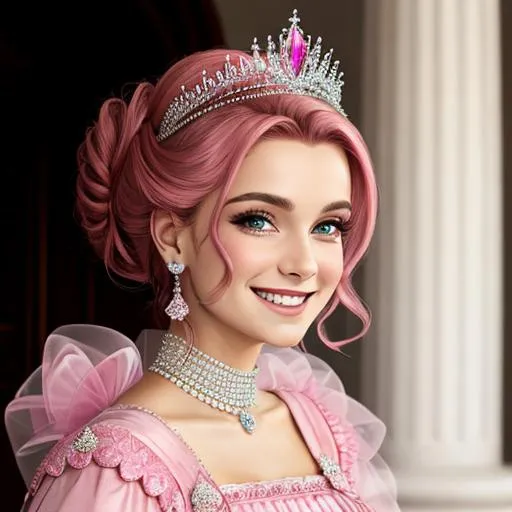 Prompt:  princess wearing pink, radiant smile, wearing a tiara, hair in an updo, facial closeup