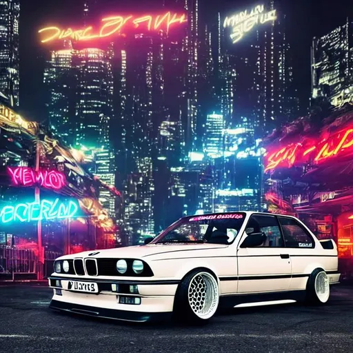 Prompt: customised bmw e30 with widebody.  at night under a bridge, in a futuristic dark cyberpunk city with futuristic skyscrapper and building  full of neon light and comercial writings in the background.
