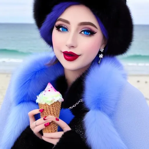 Prompt: Selena Gomez, eating candy ice cream, blue lipstick, snowy beach, blue heart necklaces, Thick blue fur coat, Black Cape, pleasant face, blue eyes, Black-purple eyeshadow, long ice earrings. Cold color scheme, ultradetailed, 8k resolution, perfect, smooth, high quality, shiny. 