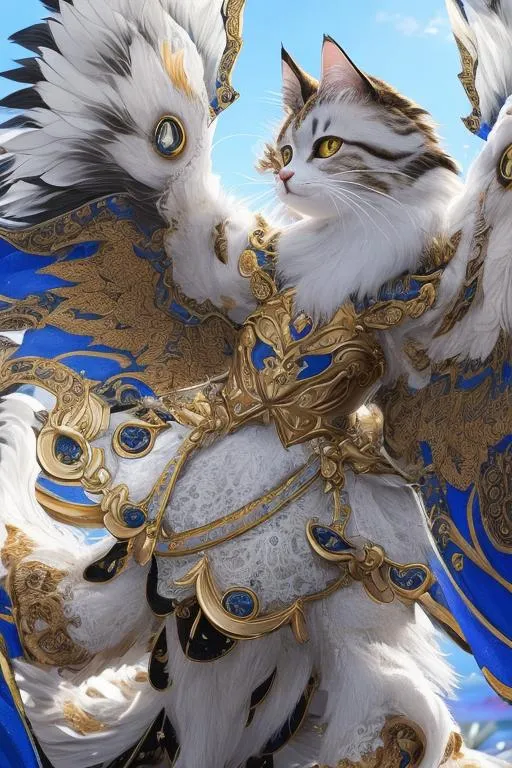 Prompt: 4 winged cat, multiple eyes on the head, (masterpiece), (best quality:1.2), (intricate detail), dynamic angle, looking at viewer, (1male), ((solo)), (((full body))), (slender), (((tabaxi))), (((white fur))), ((blue pupils)), (((light armor))), black armor, ((cloak)), mysterious, ((ominous expression))