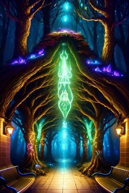 Prompt: glowing magical fantasy forest graffiti on a wall leaping off the wall, in a subway station,nighttime,perfect composition, hyperrealistic, super detailed, 8k, high quality, trending art, trending on artstation, sharp focus, studio photo, intricate details, highly detailed, by matte digital illustration,