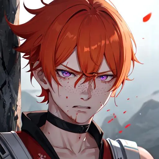 Prompt: Erikku male adult (short ginger hair, freckles, right eye blue left eye purple) UHD, 8K, Highly detailed, insane detail, best quality, high quality,  anime style, in purgatory, angry, fighting, covered in blood