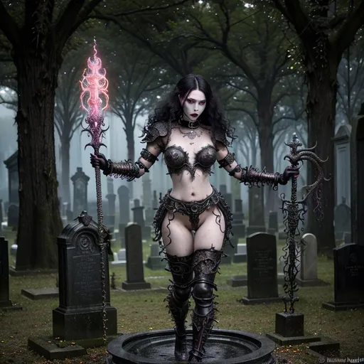 Prompt: splash art, hyper detailed perfect face, full body, vibrant colors, hyper realistic, highly detailed, dark surreal cemetery,

beautiful, fantasy Asian ghoul, curly hair, full body, long legs, sumptuous, visually appealing, perfect body, ultra pale skin, visible midriff, ultimate Fantasy dark armor, 

wearing heavy iron locked collar, staff wielder, casting ultra detailed magic fire balls,

high-resolution perfectly detailed feminine face, perfect proportions, ample cleavage, intricate hyper detailed hair, light makeup, demonic red eyes,

Dark, ethereal, elegant, exquisite, graceful, delicate, intricate, hopeful, glamorous, immaculate

HDR, UHD, high res, 64k, cinematic lighting, special effects, hd octane render, professional photograph, studio lighting, trending on artstation, perfect studio lighting, perfect shading.