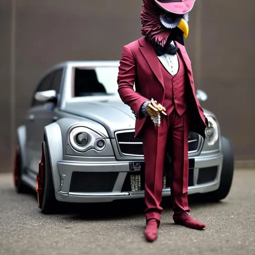 Prompt: a gangster owl sculpture in a 3 piece suit and a top hat puffing a cigar and leaning on a heavily modified brabus c63 with some negative camber and clean paint job dark red 