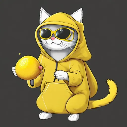 Prompt: A furry yellow cat merged with a lemon wearing a hoddie