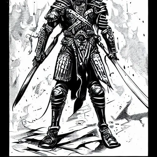Prompt: Comic art, black and white, warrior with helmet, sheild in his hands, detailed armor, brave eyes, endless battle 
