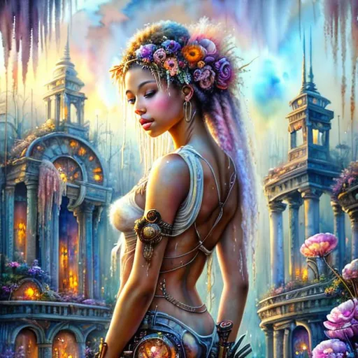 Prompt: watercolor, wet on wet painting of a beautiful floating ethereal  mulatto woman goddess with a beautiful face, she is floating in an ethereal sea of dreams among the ruins of an abandoned, post apocalyptic futuristic city, surrounded by flowers and vegetation, in the style of steampunk,  Josephine Wall and Daniel Merriam, HD, 8k, High resolution, centered