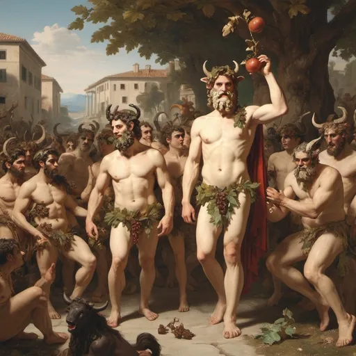 Prompt: Dionysus with his parade who are satyrs and Silenus