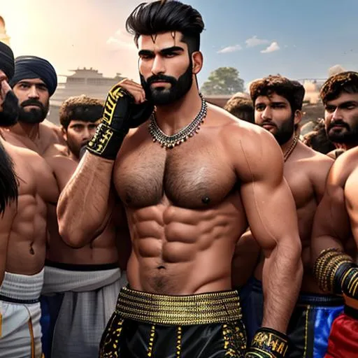 Prompt:  ("wet gujjar  kanpur" tallest rugged hypermasculine muscular hunk
) "boxing" a ( tallest rugged hypermasculine hairy hunk  "gujjar haryanvi" in "leather pants") inside a  delhi bright crowded village wide field with heads of people. wide shot photo, arena, perfect composition, hyperrealistic, super detailed, 8k, high quality, trending art, trending on artstation, sharp focus, studio photo, intricate details, highly detailed, 