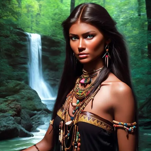 Prompt: professional modeling photo disney pocahontas as live action human woman hd hyper realistic beautiful native american woman black hair brown skin brown eyes beautiful face native american dress and jewelry enchanting
forest hd background with live action realistic river and waterfall