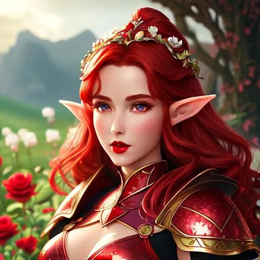 Prompt: A surreal landscape of an elf knight, wearing soft petal armor, with very fair complexion, red gloss lips, rosy cheeks, red lips, voluminous auburn hair, stylized CGI, fantasy genre, rose.