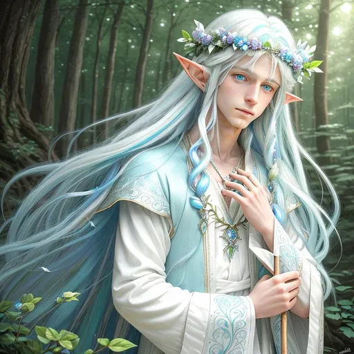 Prompt: A {young beautiful elf boy with long white hair, soft jawline, 2 pointed ears, dreamy clear blue eyes}, intricate colored hair, soft lighting, detailed face, digital painting, looking into camera, full body, beautiful with many layers white clothes, fairy forest background, royal crown on the head, wearing complicated pattern necklace, one hand holding sceptre #MY-BOY# MAN 