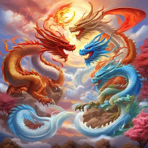 Prompt: "Incredibly beautiful sky with 4 dragons intermixing representing four_seasons: (spring, summer, fall, ,winter) 4 Chinese elemental dragons :: glowing red dragon of fire!, glowing white dragon of wind!, glowing blue dragon of water!, glowing brown dragon of earth! :: fantastical magic"
"four_seasons: spring, summer, fall, and winter four_seasons: spring, summer, fall, and winter represented by Chinese dragons ;; intricate and hyperdetailed painting by CGSociety, Russ Mills, Christian Linke, Alex Yee, CGSociety ZBrush Central fantasy art album cover art 4K 64 megapixels 8K resolution HDR"
