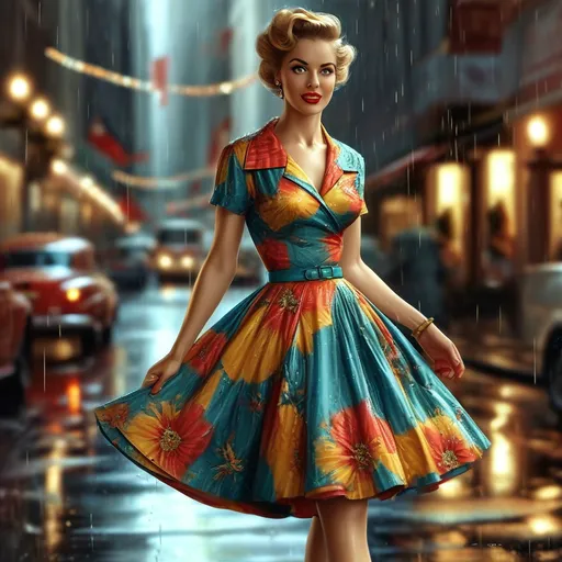 Prompt: an elegant woman of the 50's in a colorful dress is walking down the street in the rain on a rainy day in a city, Artgerm, kitsch movement, highly detailed digital painting, a photorealistic painting
