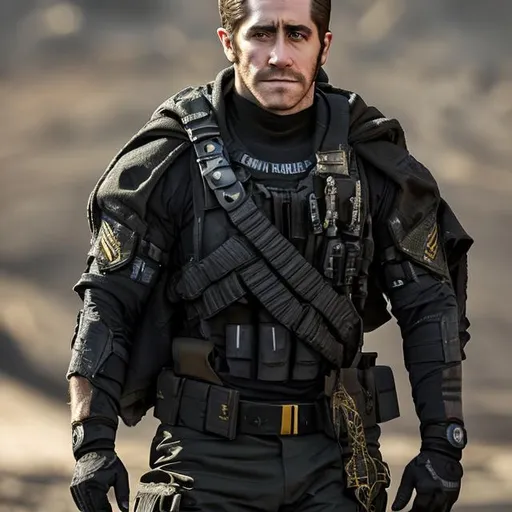 Prompt: jake gyllenhaal, special forces, military, navy seal, sci-fi, black and gold, black cape