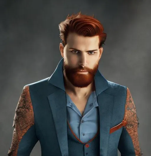 Prompt: Digital Art of a man with natural red hair, short beard handsome, D&D fantasy, dressed in blue suit, sophisticated