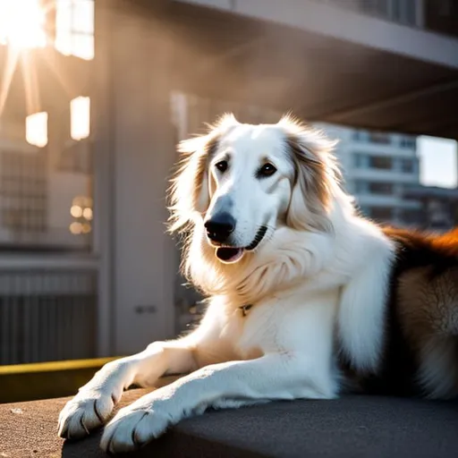 Prompt: Raw hd 
Young Borzoi dog laying in the sunshine on a Tokyo apartment fire escape