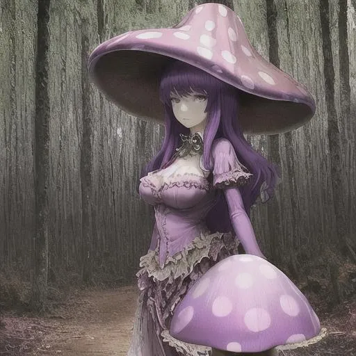 Prompt: purple, misterious, woman, big mushroom hat, beautiful, woods, forest